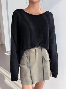 DAZY Solid Drop Shoulder Criss Cross Back Jumper - Black - View 7