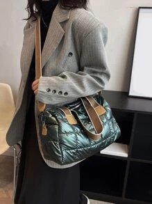 New Arrival Autumn & Winter Fashion Stitched Wide Strap Women'S Tote Bag, Solid Color, Zipper Closure, Large Capacity, Can Be Used As Crossbody Bag, Suitable For Daily, Work, Commute, College, Study - Dark Green - View 4
