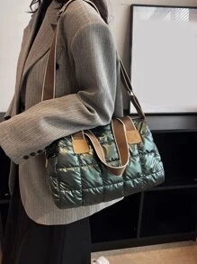 New Arrival Autumn & Winter Fashion Stitched Wide Strap Women'S Tote Bag, Solid Color, Zipper Closure, Large Capacity, Can Be Used As Crossbody Bag, Suitable For Daily, Work, Commute, College, Study - Dark Green - View 5