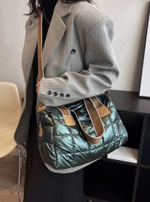 New Arrival Autumn & Winter Fashion Stitched Wide Strap Women'S Tote Bag, Solid Color, Zipper Closure, Large Capacity, Can Be Used As Crossbody Bag, Suitable For Daily, Work, Commute, College, Study - Dark Green - View 6
