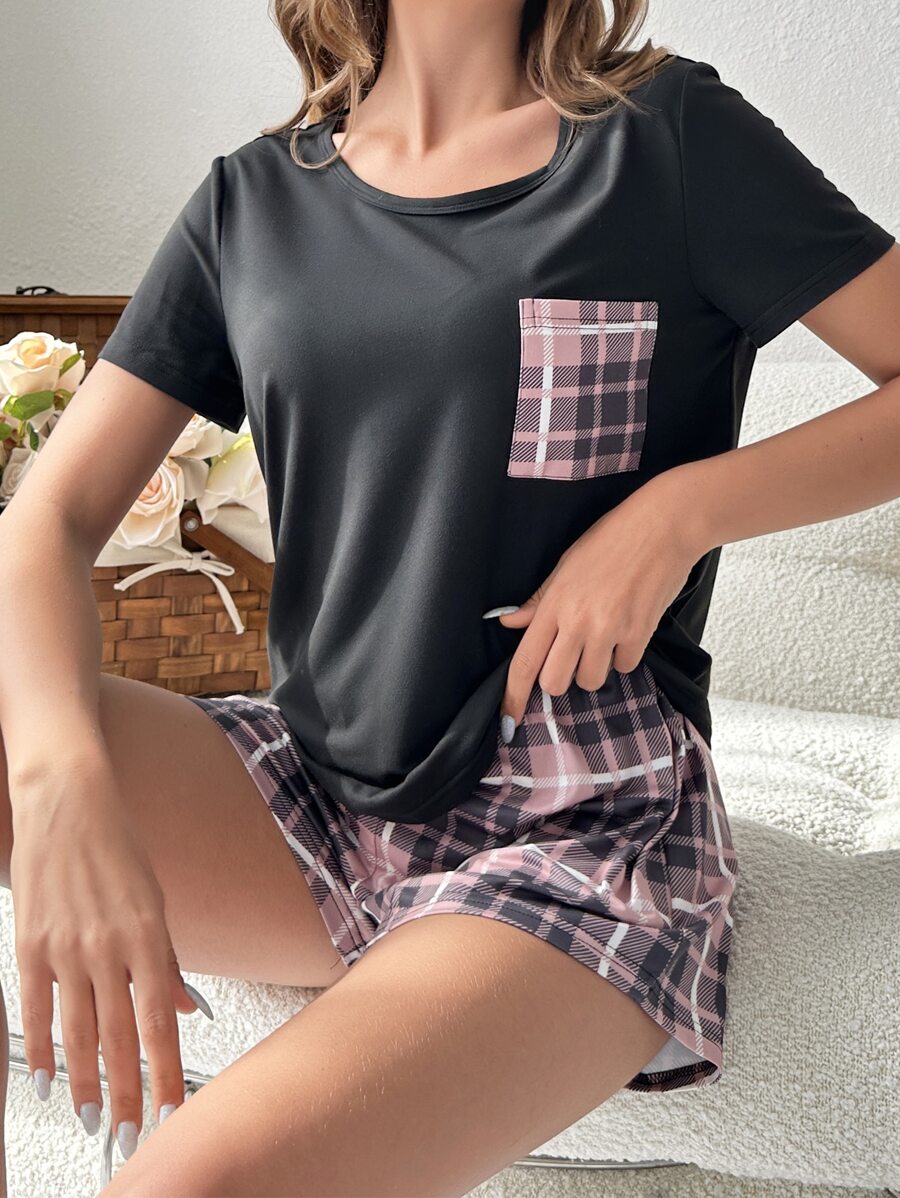 Plaid Patched Pocket PJ Set / Pajama Set - Multicolor - View 1