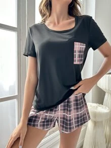 Plaid Patched Pocket PJ Set / Pajama Set - Multicolor - View 4