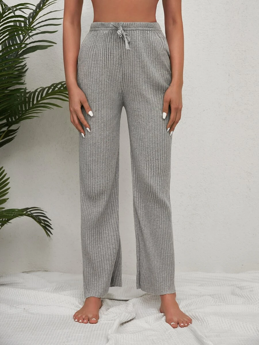 RueChic Knot Waist Ribbed Knit Trousers - Grey - View 1