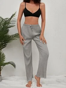 RueChic Knot Waist Ribbed Knit Trousers - Grey - View 3