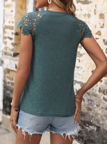 SHEIN LUNE Camiseta con encaje en contraste - Verde - Ver 2