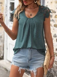 SHEIN LUNE Camiseta con encaje en contraste - Verde - Ver 4