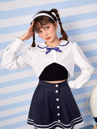 Peter Pan Collar Bow Front Crop Shirt