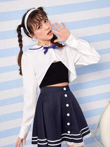 彼得潘領前蝴蝶結短款襯衫 - 白色 - 查看 4