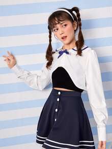 彼得潘領前蝴蝶結短款襯衫 - 白色 - 查看 5