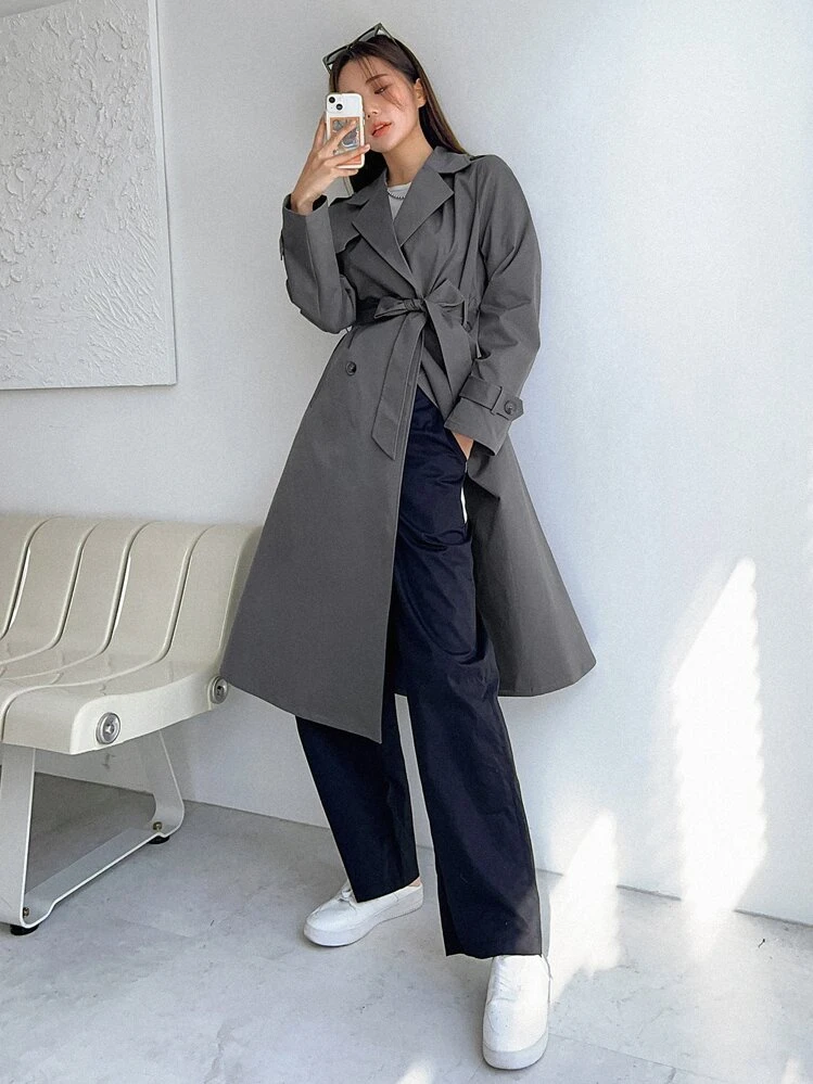 DAZY Slant Pocket Double Breasted Belted Trench Coat | SHEIN USA