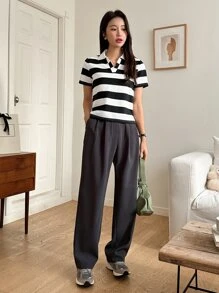 DAZY In sọc Cổ áo tương phản Áo thun - Đen và trắng - Xem 6