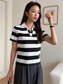 DAZY In sọc Cổ áo tương phản Áo thun - Đen và trắng - Xem 4