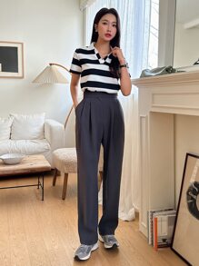 DAZY In sọc Cổ áo tương phản Áo thun - Đen và trắng - Xem 7