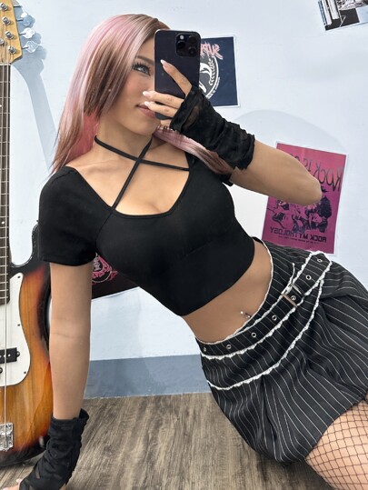 Maglietta corta monocolore incrociato