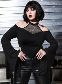 ROMWE PUNK Plus Fishnet Insert Cold Shoulder Tee - Black - View 1