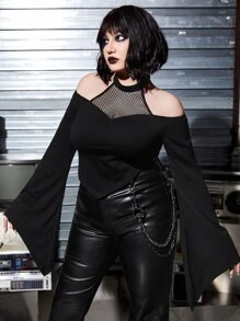 ROMWE PUNK Plus Fishnet Insert Cold Shoulder Tee - Black - View 4