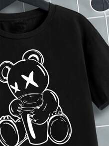 SHEIN Leap Crew Summer Casual Short Sleeve Round Neck Tee With Cartoon Bear Print For Tween Boys - Black - View 4