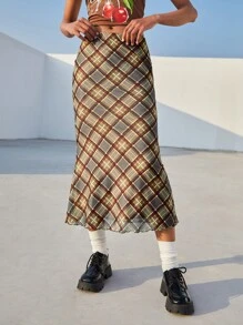 SHEIN EZwear 格紋印花木耳邊半身裙 - 彩色 - 查看 4