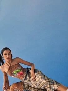 SHEIN EZwear 格紋印花木耳邊半身裙 - 彩色 - 查看 3