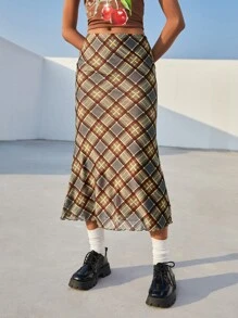 SHEIN EZwear 格紋印花木耳邊半身裙 - 彩色 - 查看 5