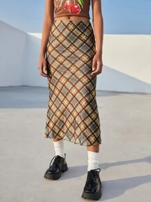 SHEIN EZwear 格紋印花木耳邊半身裙 - 彩色 - 查看 1