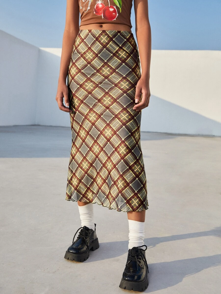 SHEIN EZwear 格紋印花木耳邊半身裙 - 彩色 - 查看 1