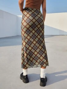 SHEIN EZwear 格紋印花木耳邊半身裙 - 彩色 - 查看 2