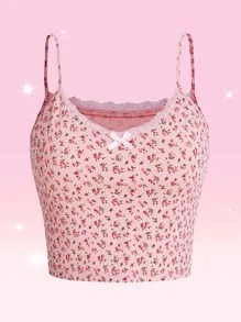 ROMWE Kawaii Ditsy Floral Lace Trim Cami Top - Pink - View 2