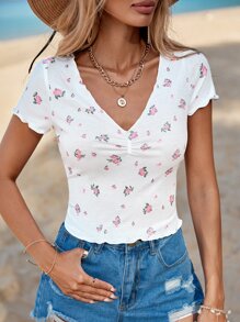 Soleia Ditsy Floral Print Ruched Tee - White - View 1