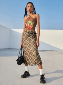 SHEIN EZwear 格紋印花木耳邊半身裙 - 彩色 - 查看 7