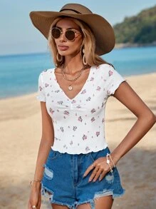 Soleia Ditsy Floral Print Ruched Tee - White - View 3