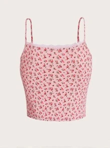 ROMWE Kawaii Ditsy Floral Lace Trim Cami Top - Pink - View 6