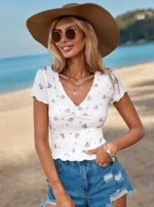 Soleia Ditsy Floral Print Ruched Tee - White - View 6
