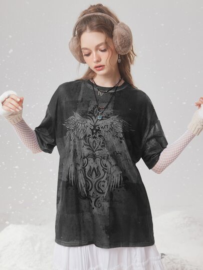 Fairycore Wings Print Drop Shoulder Tee