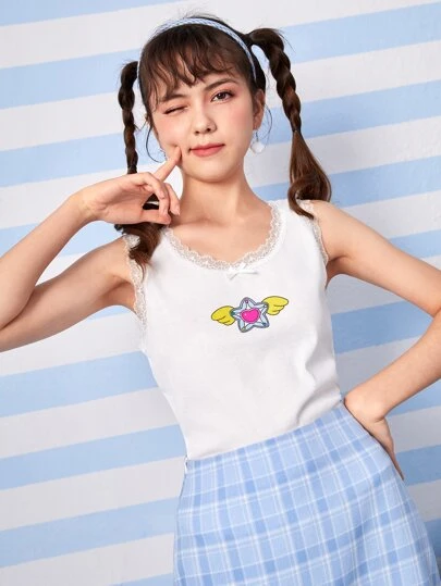 ROMWE Cartoon Graphic Lace Trim Tank Top