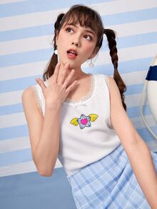 ROMWE 卡通圖案蕾絲邊背心上衣 - 白色 - 查看 3