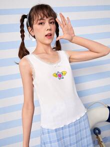 ROMWE 卡通圖案蕾絲邊背心上衣 - 白色 - 查看 4