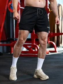 Hombres Shorts deportivos con estampado de letra de cintura con cordón 2 en 1 & bucle de toalla - Negro - Ver 1