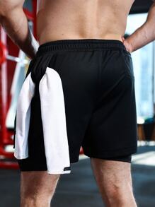 Hombres Shorts deportivos con estampado de letra de cintura con cordón 2 en 1 & bucle de toalla - Negro - Ver 5