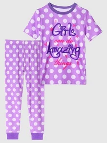 Girls Polka Dot & Slogan Graphic Snug Fit PJ Set - Lilac Purple - View 1