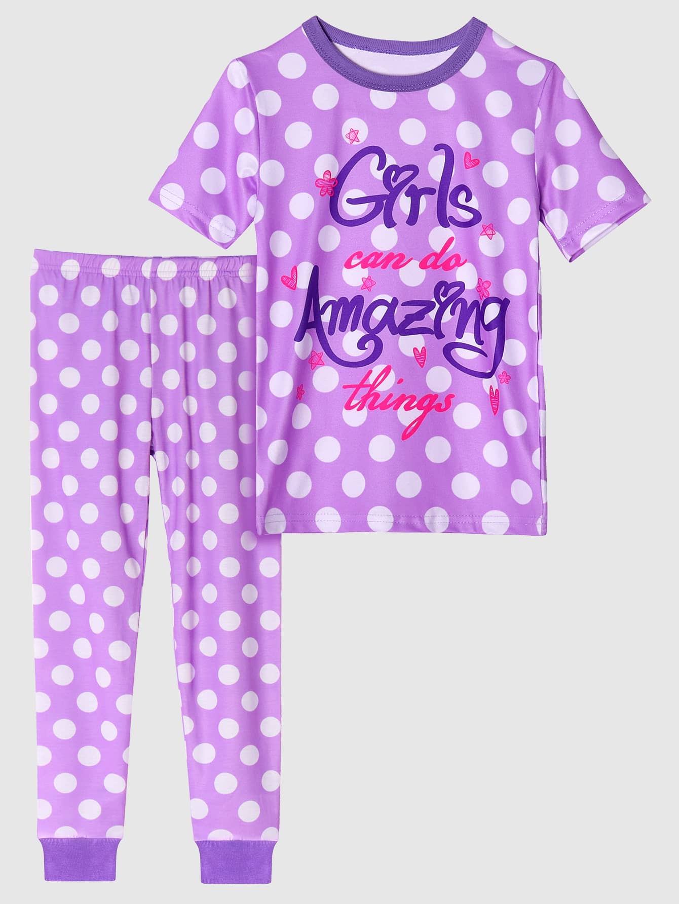 Girls Polka Dot & Slogan Graphic Snug Fit PJ Set - Lilac Purple - View 1