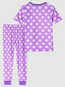 Girls Polka Dot & Slogan Graphic Snug Fit PJ Set - Lilac Purple - View 2