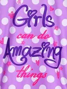 Girls Polka Dot & Slogan Graphic Snug Fit PJ Set - Lilac Purple - View 3