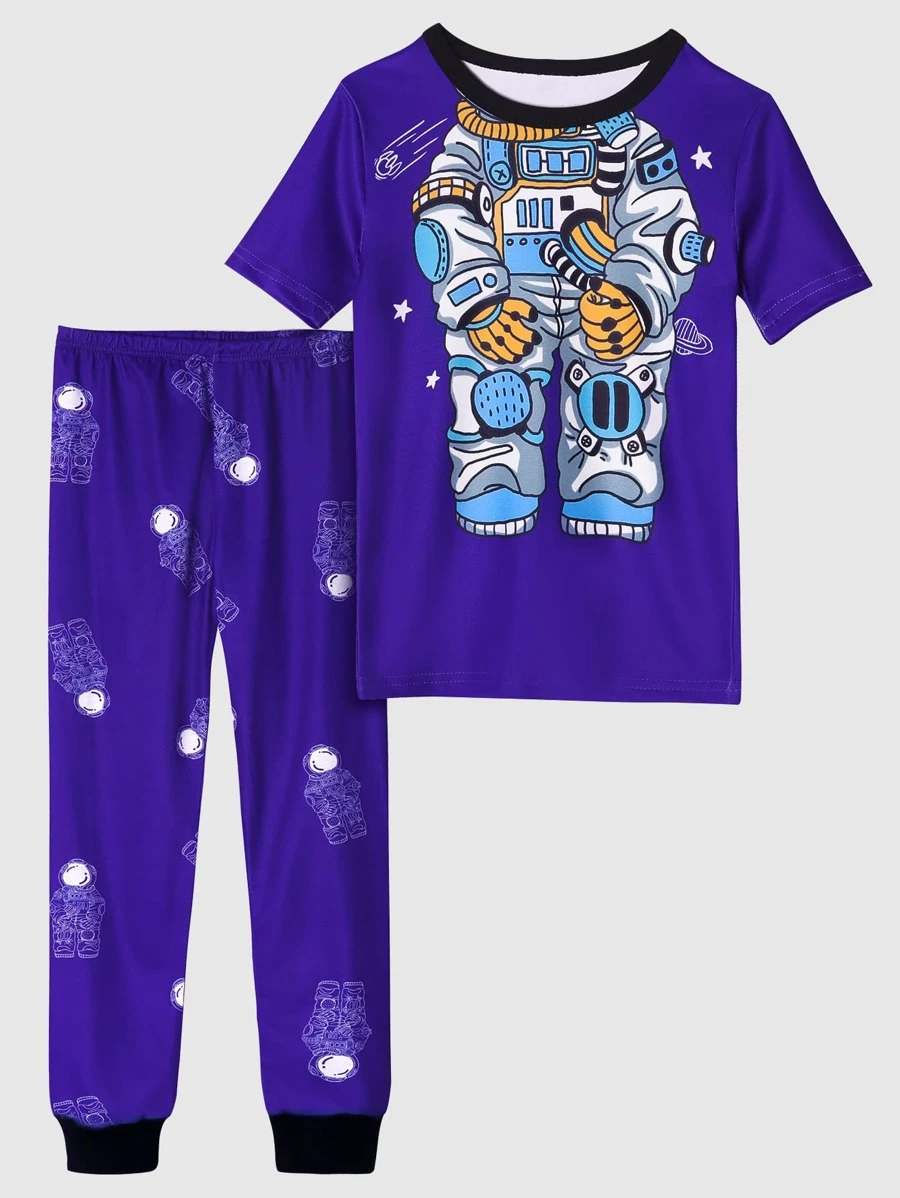 Chicos Conjunto de pijama con estampado de astronauta ajustado - Morado - Ver 1