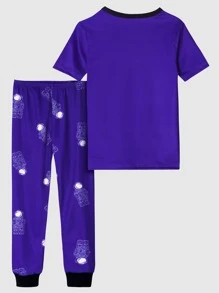 Chicos Conjunto de pijama con estampado de astronauta ajustado - Morado - Ver 2