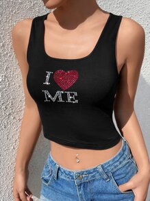 SHEIN EZwear Top tank con diamante de imitación con letra & con patrón de corazón - Negro - Ver 1