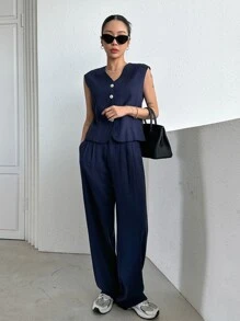 DAZY Button Front Vest Jacket & Wide Leg Trousers - Navy Blue - View 1