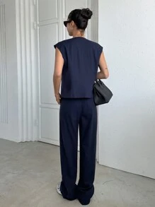 DAZY Button Front Vest Jacket & Wide Leg Trousers - Navy Blue - View 2