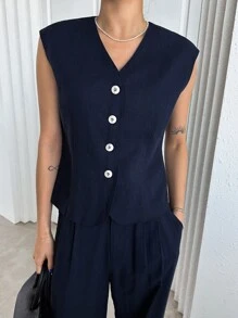 DAZY Button Front Vest Jacket & Wide Leg Trousers - Navy Blue - View 3