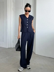 DAZY Button Front Vest Jacket & Wide Leg Trousers - Navy Blue - View 4